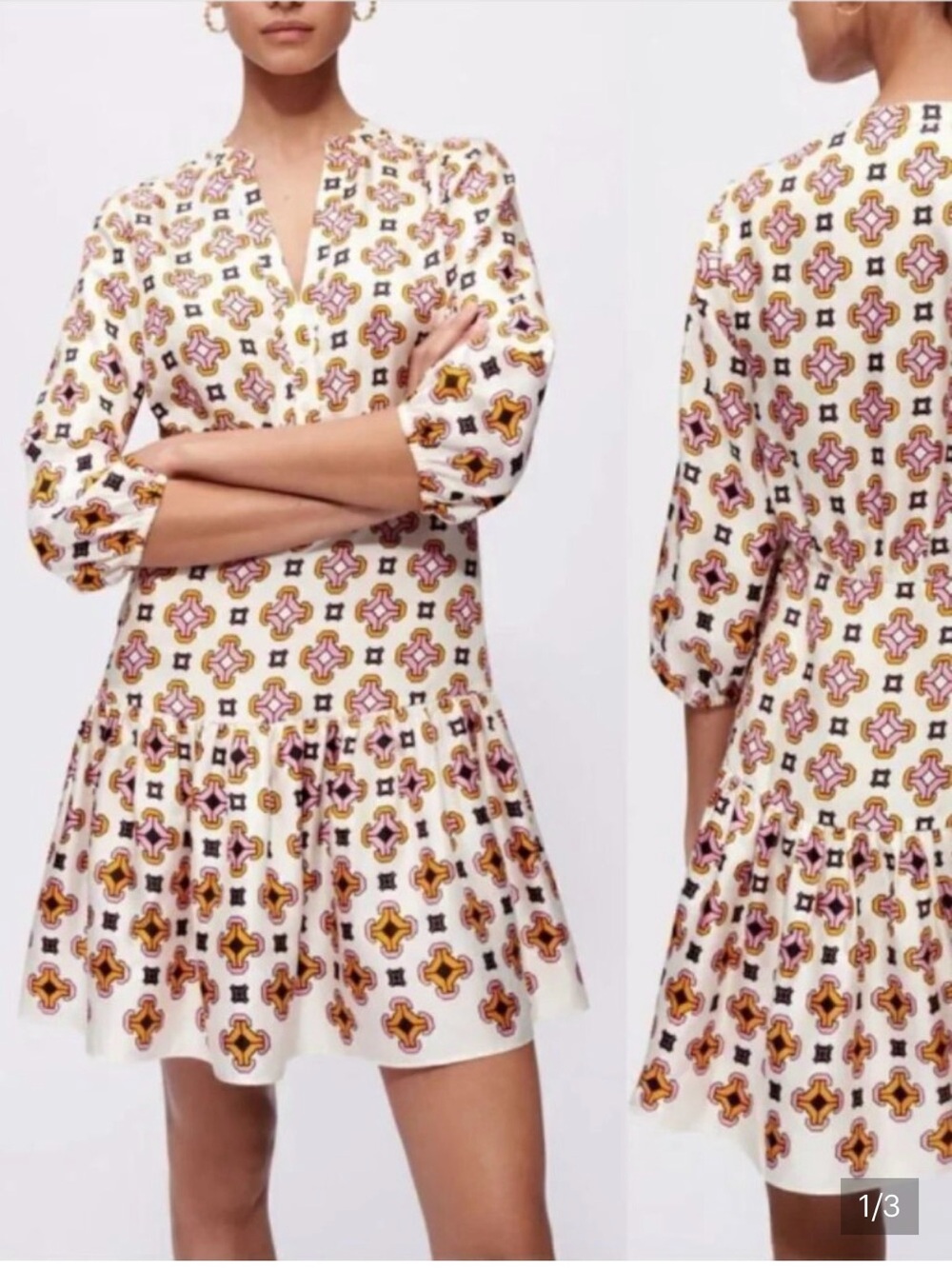 Maje White Mini Dress with Pink and Gold Geometric Print